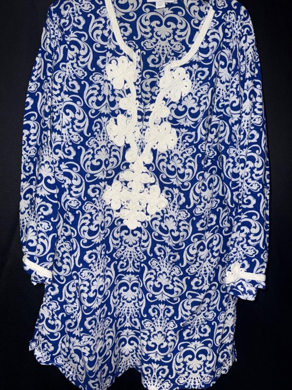Charter Club Blue & White Floral Tunic Top With Embroidered Detailing - Size M